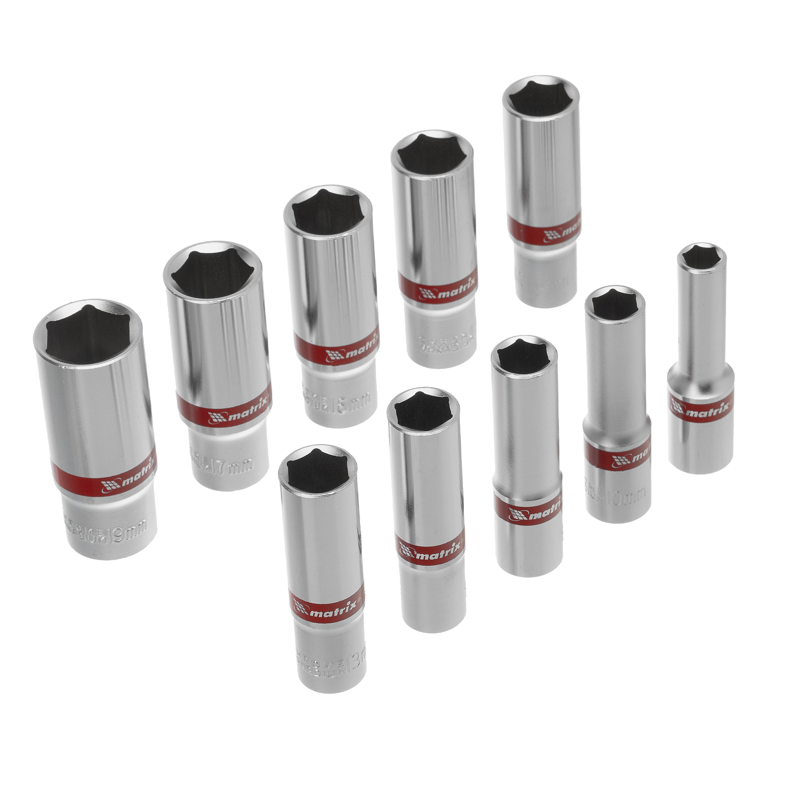 Набор удлиненных торцевых головок 3/8', 6 гранные, CrV, 8-19мм, 10 штук