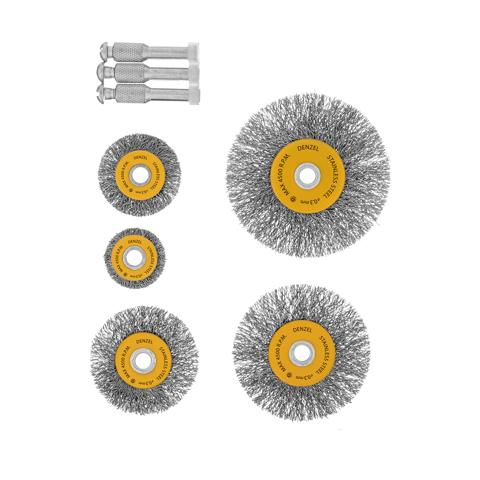Набор щеток для дрели, 5 Плоских 25-38-50-63-75 мм, шпилька, нерж. вит. проволока