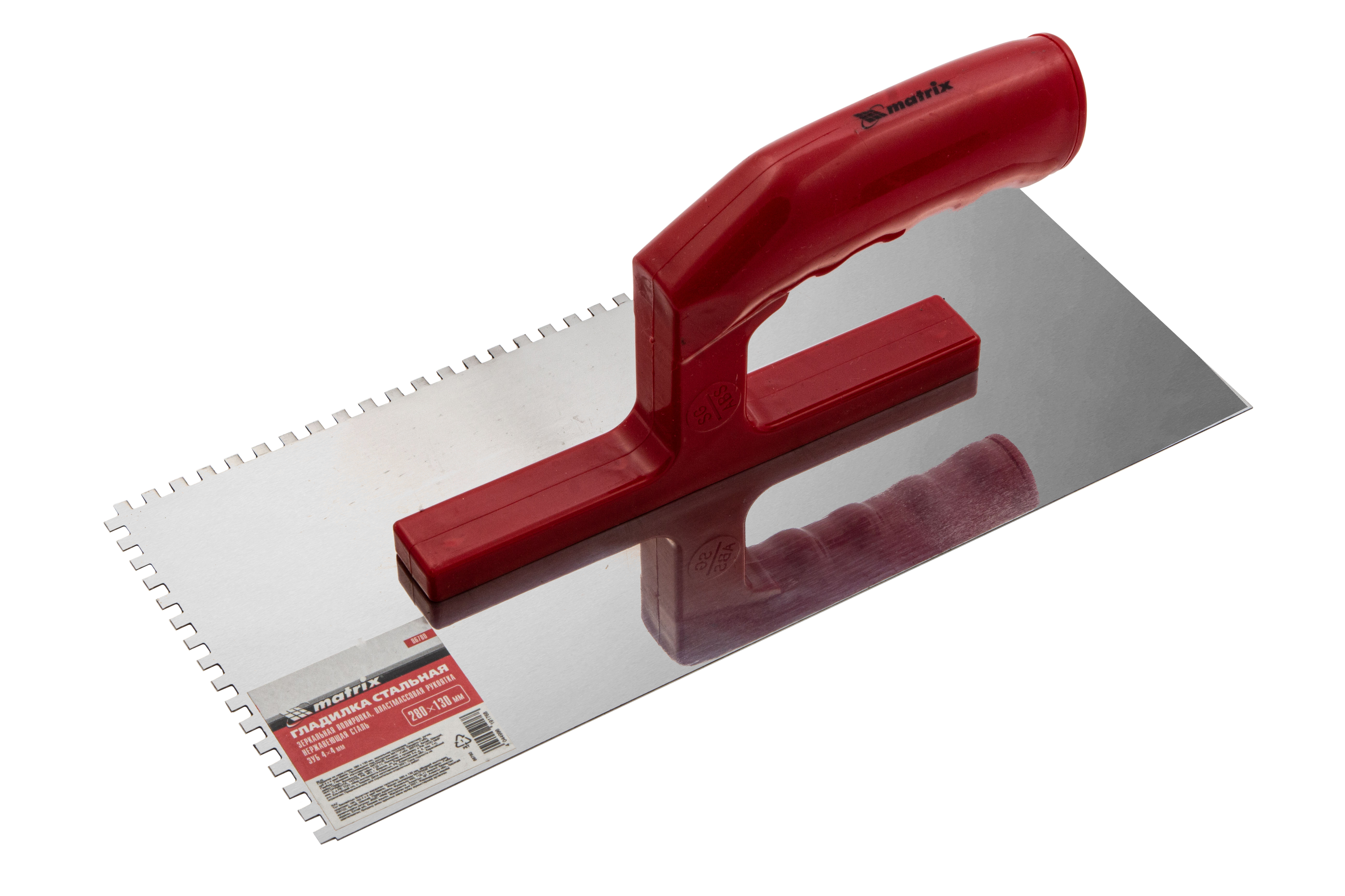 Гладилка из нерж.стали, 280 х 130 мм, зеркальная полировка, пластмас. ручка, зуб 4 х 4 мм