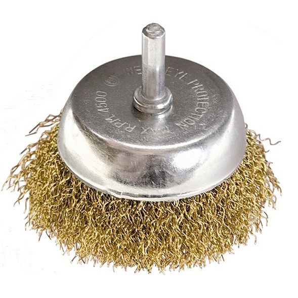 Щетка для дрели, 50 мм, чашка со шпилькой, латунированная витая проволока