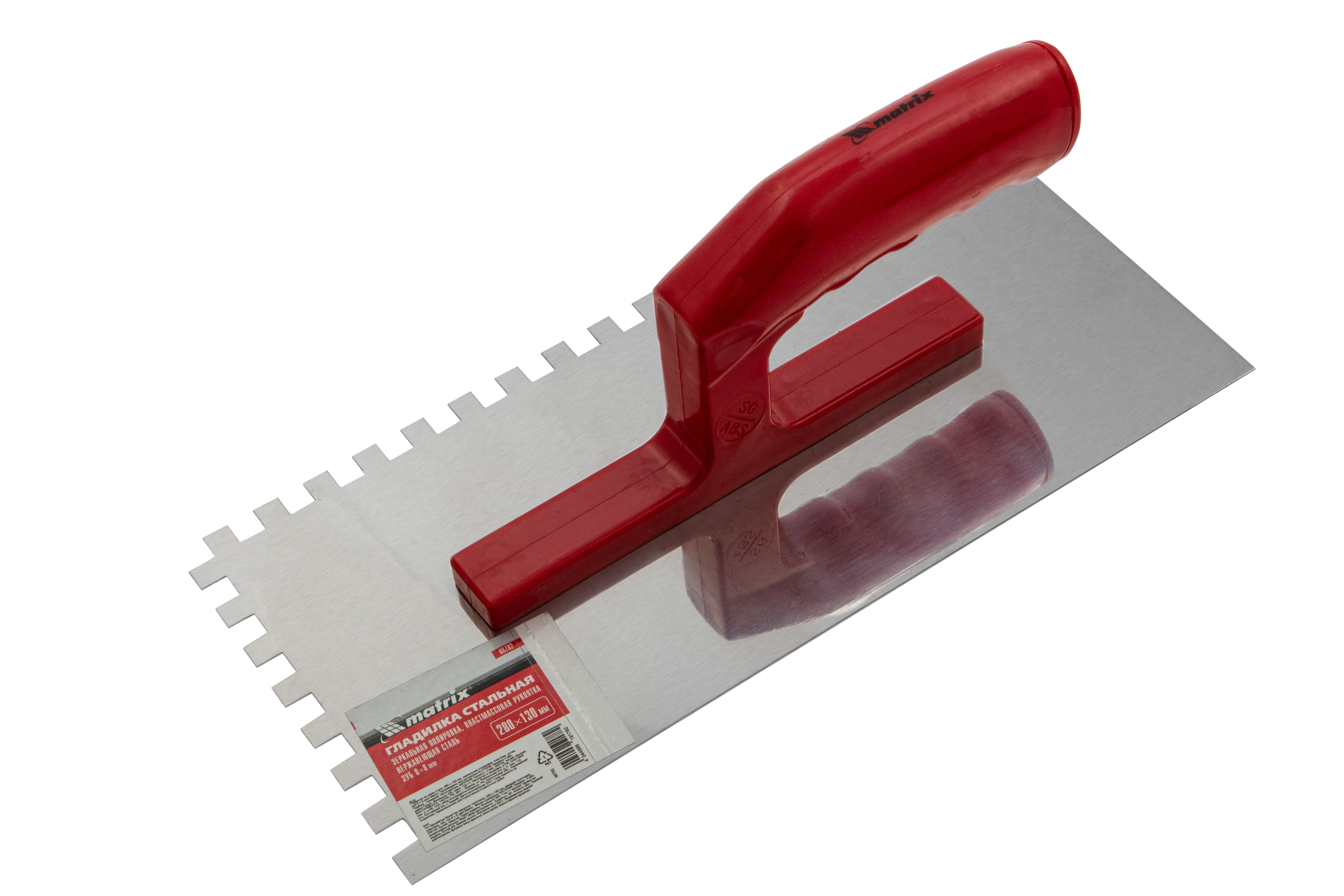 Гладилка из нерж.стали, 280 х 130 мм, зеркальная полировка, пластмас. ручка, зуб 8 х 8 мм