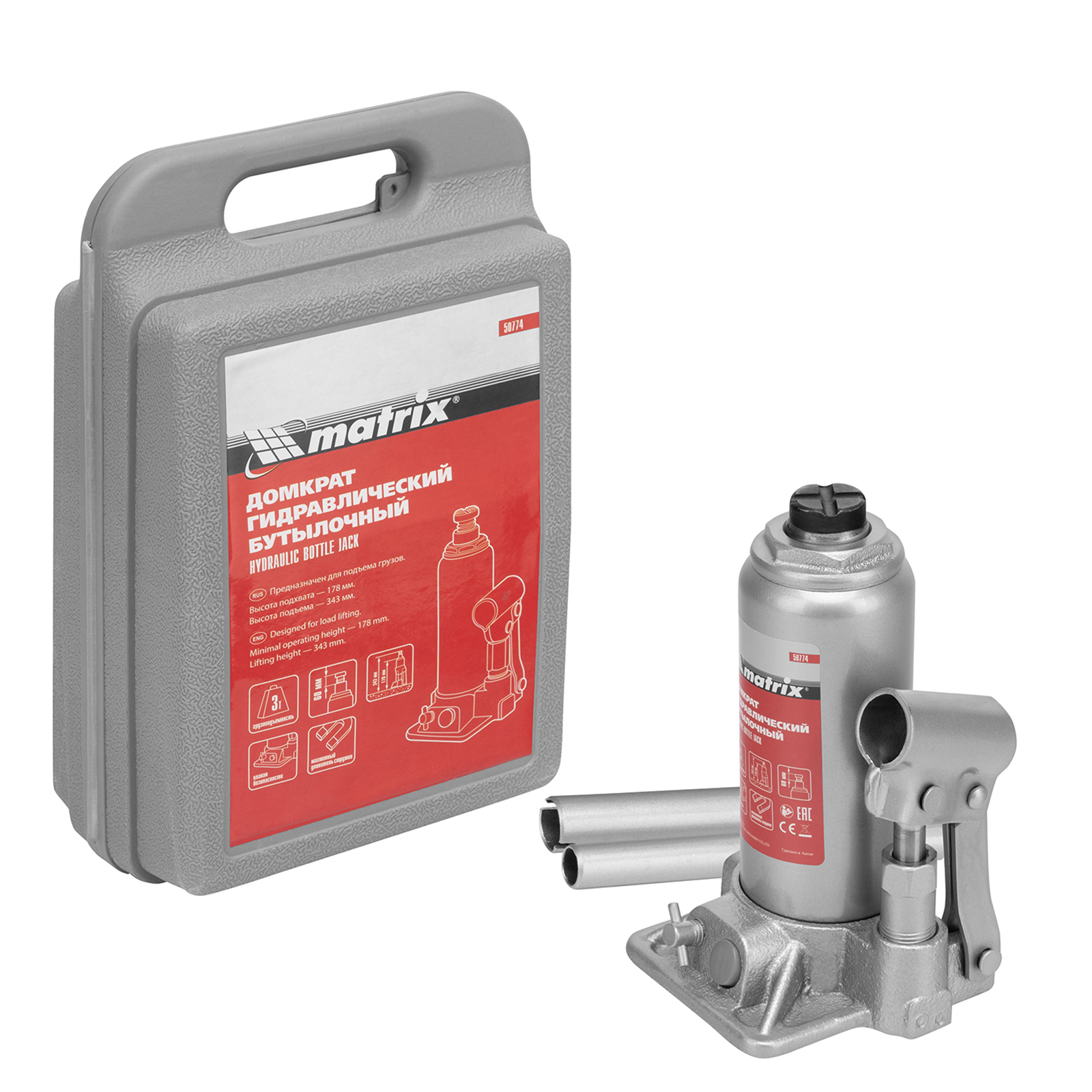 Домкрат гидравлический бутылочный, 3 т, h подъема 178-343 мм, в пласт. кейсе