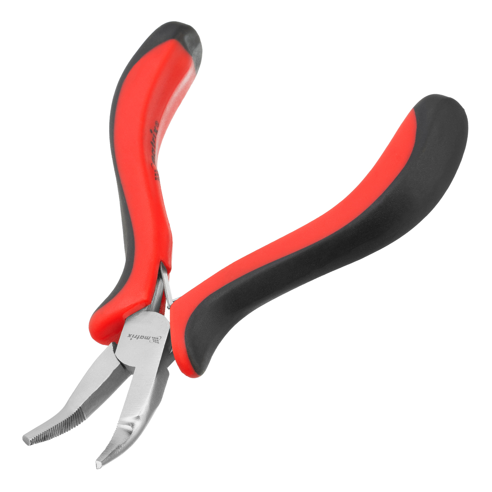 Длинногубцы Mini, 130 мм, никелированные, изогнутые, авторазжим, двухкомпонентные рукоятки