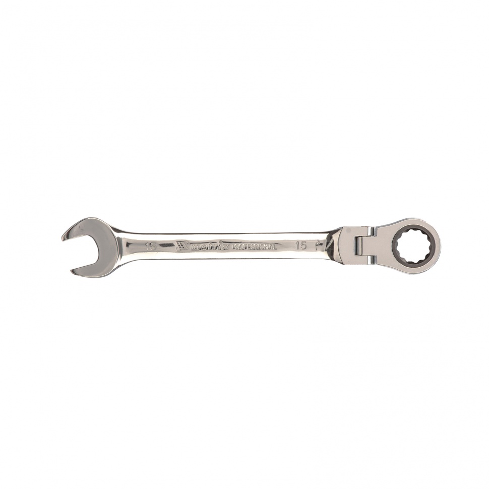 Ключ комбинированный трещоточный, 15 мм, CrV, шарнирный, зерк.хром