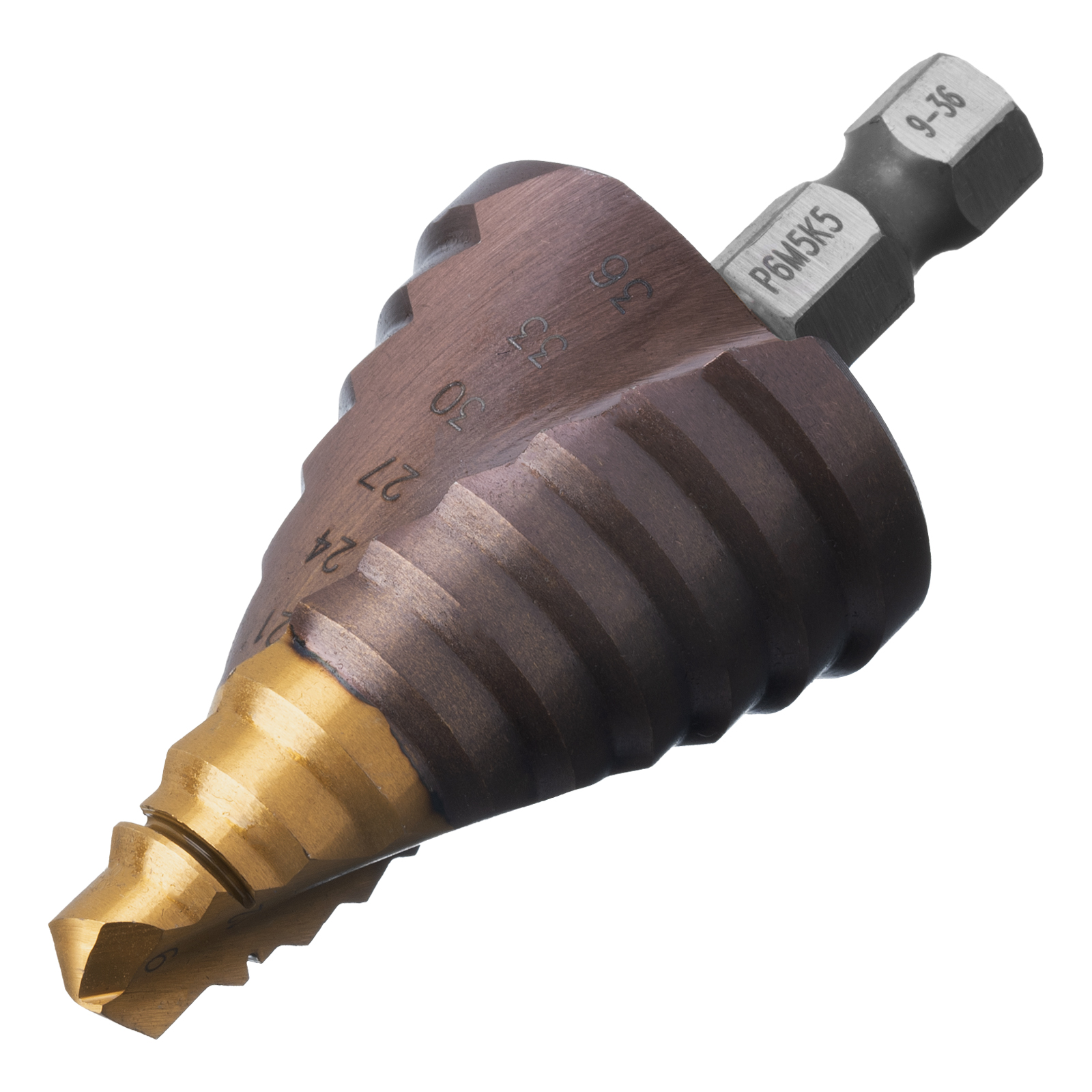 Сверло ступенчатое, 9-12-15-18-21-24-27-30-33-36 мм, Р6М5К5, 6-гр. хвостовик