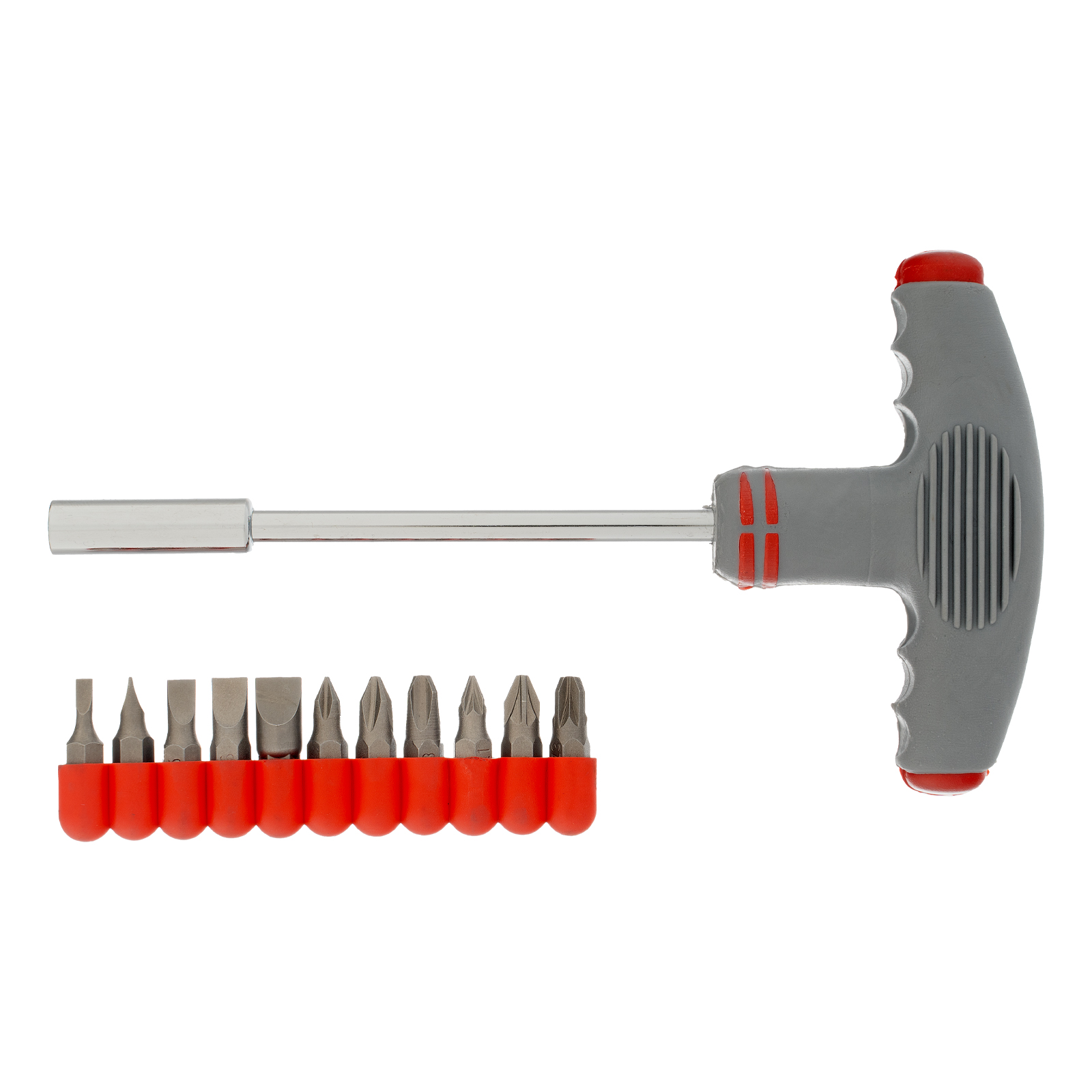 Отвертка с Т-образной ручкой + биты, 11 пред., PH + SL + PZ, CrV, 2к рукоятка