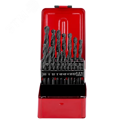 Набор сверл по металлу, 1-10 мм (через 0,5 мм, 3,2, 4,8 мм), HSS, 21шт, мет.бокс, цилин.хв. - фото 2