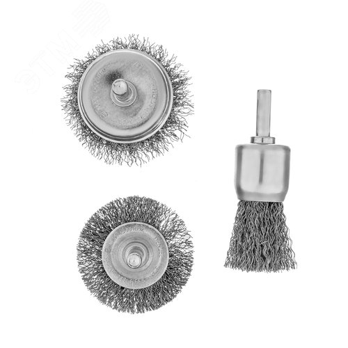Набор щеток для дрели, 1 Плоская 50мм, 2 Чашки 25-50мм, шпилька, нерж. вит. проволока - фото 1