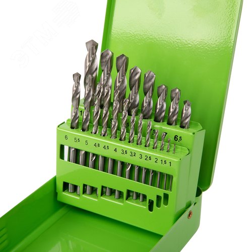 Набор сверл по металлу, 1-10 мм (через 0,5 мм,3.2,4.8 мм), HSS, 21шт, мет.бокс, цилин.хв. - фото 2