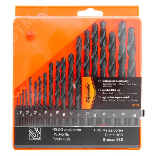 Набор сверл по металлу, 1-10 мм (через 0,5 мм), HSS, 19 шт, пласт. бокс, цилин. хвостовик - фото 1
