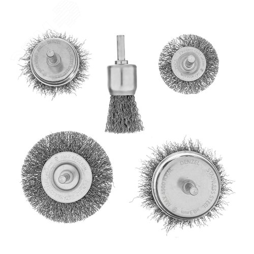 Набор щеток для дрели, 2 Плоские 50-75мм, 3 Чашки 25-50-75мм, шпилька,  нерж.вит. проволока - фото 1