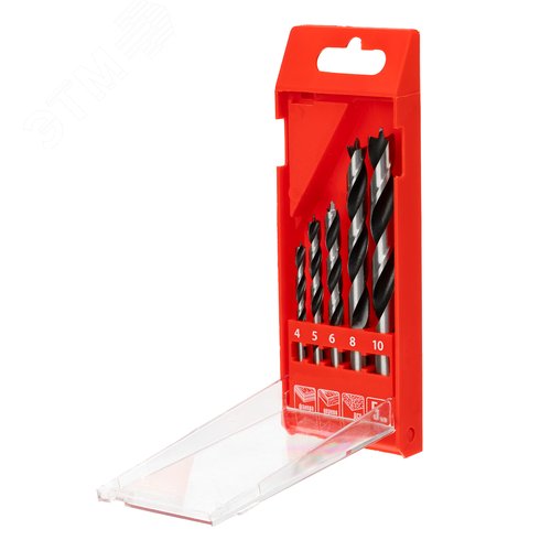 Набор сверл по дереву, 4-5-6-8-10 мм, 5шт., цилиндр. хвостовик, пластиковый кейс - фото 1