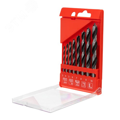 Набор сверл по дереву,3-4-5-6-7-8-9-10 мм, 8шт., цилиндр. хвостовик, пластиковый кейс - фото 1
