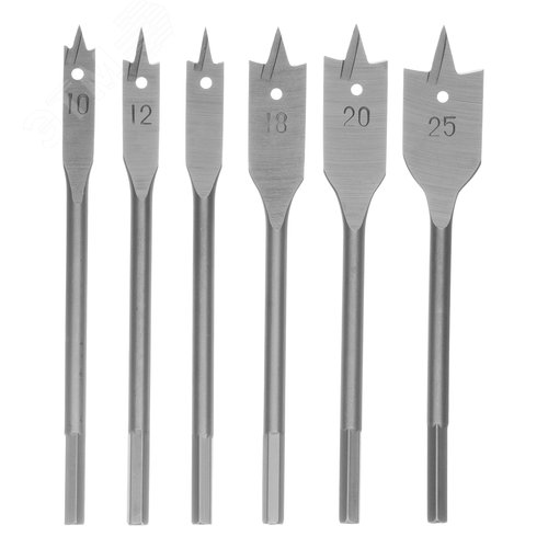 Набор сверл перовых по дереву, 10-12-16-18-20-25 мм, 6 шт. 6-гранный хвостовик - фото 1