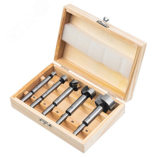 Набор сверл Форстнера по дереву, 10-15-20-25-35 мм, 5 шт, в дерев. боксе, цилин.хвостовик - фото 1