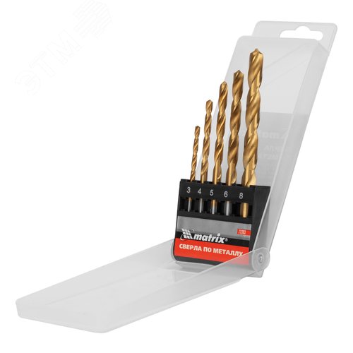 Набор нитридтитановых сверл по металлу, 3-4-5-6-8 мм, HSS, 5 шт., пласт. кор. цил. хвост. - фото 1