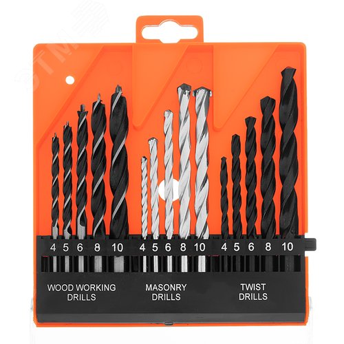 Набор сверл по бетону, металлу, дереву 4-5-6-8-10 мм, 15 шт. пласт. бокс, цилин.хвостовик - фото 1