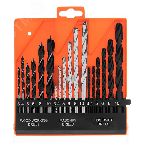 Набор сверл по бетону, металлу, дереву 3-4-5-6-8-10 мм, 18 шт. пласт. бокс, цилин. хвост. - фото 1