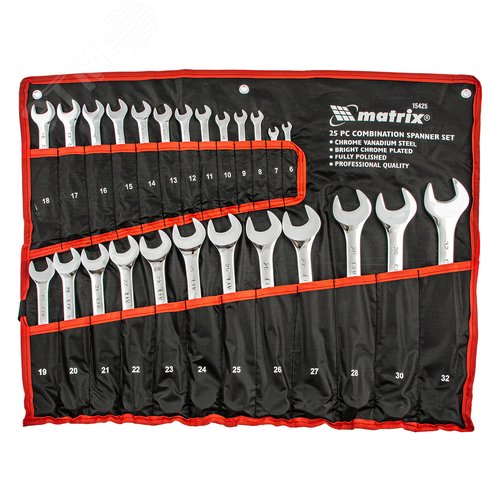 Изображение товара Набор ключей комбинированных, 6 - 32 мм, 25шт., CrV, полированный хром (шт)