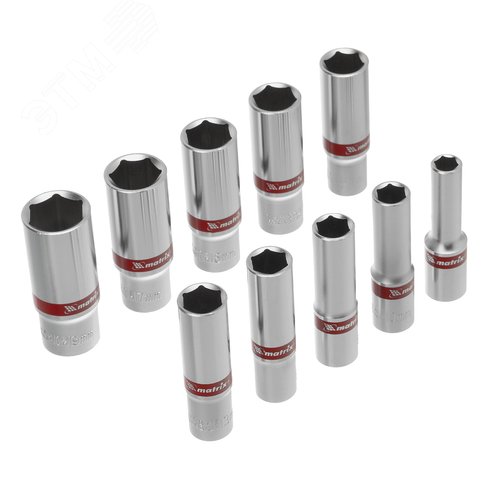 Изображение товара Набор удлиненных торцевых головок 3/8', 6 гранные, CrV, 8-19мм, 10 штук (шт)
