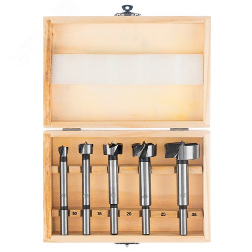 Набор сверл Форстнера по дереву, 10-15-20-25-35 мм, 5 шт, в дерев. боксе, цилин.хвостовик - фото 2