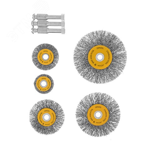 Набор щеток для дрели, 5 Плоских 25-38-50-63-75 мм, шпилька, нерж. вит. проволока - фото 1