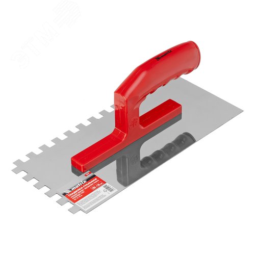 Изображение товара Гладилка из нерж.стали, 280 х 130 мм, зеркальная полировка, пластмас. ручка, зуб 10 х 10 мм (шт)