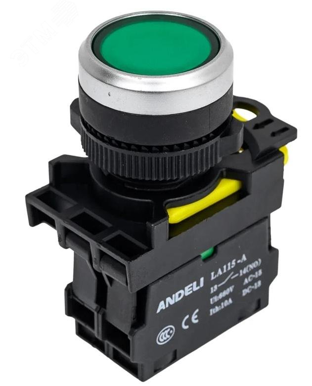 Изображение товара Плоская кнопка с подсветкой LA115-A5-10D IP65 зеленый 1NO для автоматизации