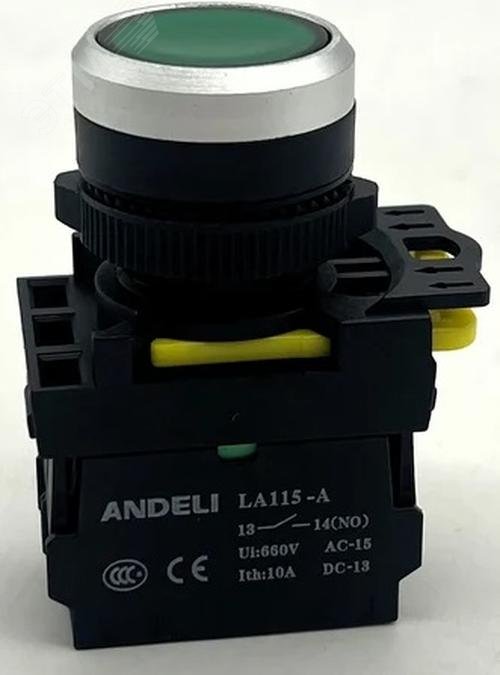 Изображение товара Кнопка LA115-A5-10BND/3 зеленая IP65 для электрических цепей 380В