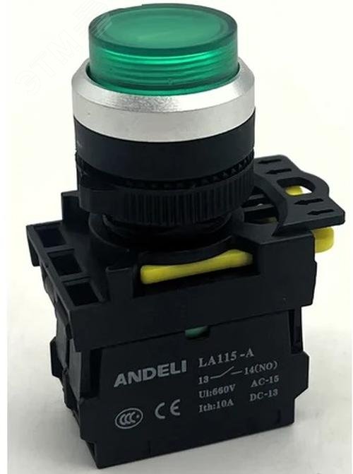 Изображение товара Кнопка LA115-A5-10GND/3 1НО зеленый AC220V LED IP65