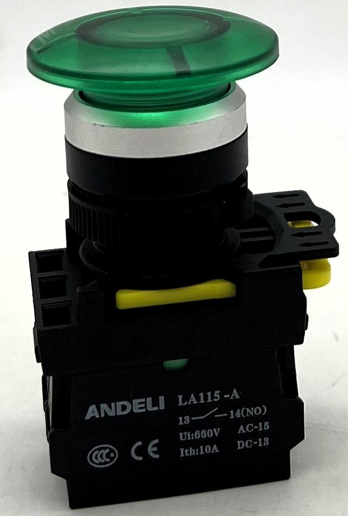 Изображение товара Кнопка ANDELI LA115-A5-11MD/13 Грибок зеленый AC220V LED IP65