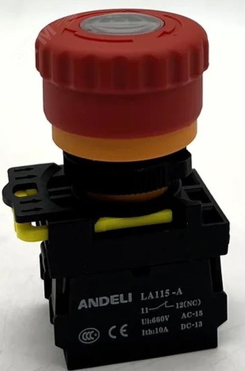 Изображение товара Кнопка LA115-A5-11ZF/14 Грибок красная 1НО+1НЗ LED IP65 ANDELI