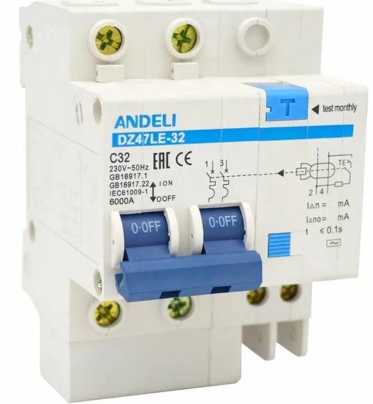 Изображение товара Автоматический выключатель дифференциального тока АВДТ 2P 25A 30мА AC DZ47LE-32