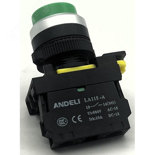 Изображение товара Кнопка удлиненная LA115-A5-10GN/3 зеленая 1НО возвратная IP65 IP65 AC15 4,5А DC13 0,6А Ith 10A (шт)