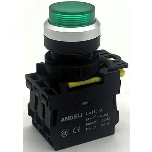 Изображение товара Кнопка LA115-A5-11GND/3 зеленый 1НО+1НЗ AC220V LED IP65 (шт)