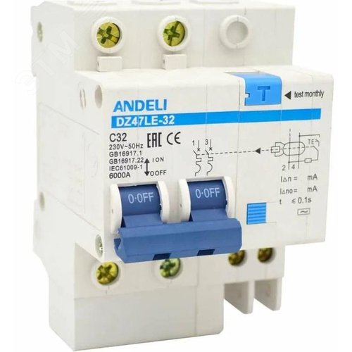 Изображение товара Автоматический выключатель дифференциального тока АВДТ 2P 25A 30mA AC х-ка C 6кА DZ47le-32 (шт)