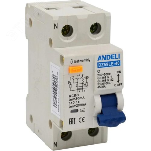 Изображение товара Автоматический выключатель дифференциального тока АВДТ 1P+N 20A 30mA С 4.5кА DZ59le-40 (шт)