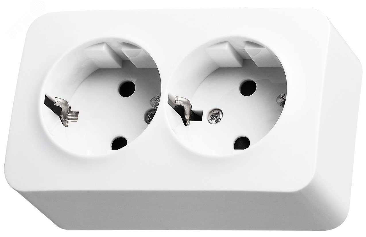 Изображение товара Двухместная белая розетка Schuko со шторками накладного монтажа 16A 250V