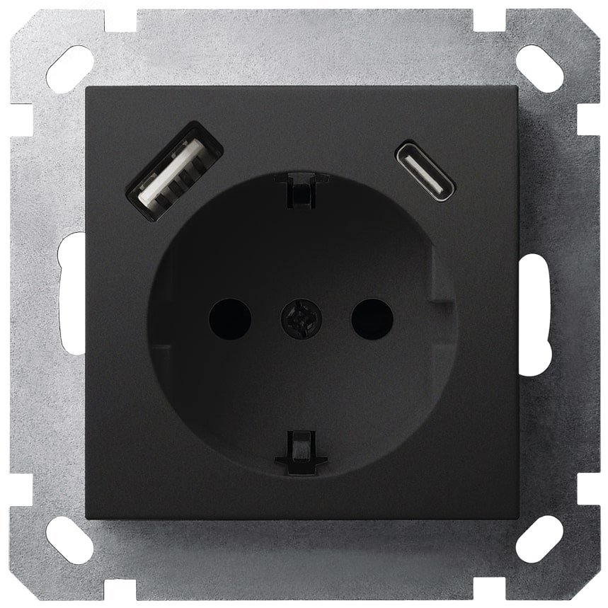Изображение товара Розетка Schuko с USB A+C 16A 250V с защитными шторками черный матовый