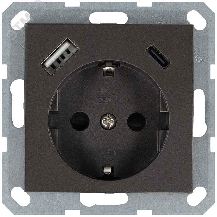 Изображение товара Розетка Schuko с USB A+C с защитными шторками 16A 250V~ 2P+T USB 25W, цвет Мокко (шт)