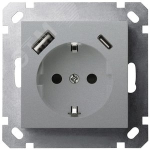 Изображение товара Розетка Schuko с USB A+C с защитными шторками 16A 250V~ 2P+T USB 25W, цвет Алюминий (шт)