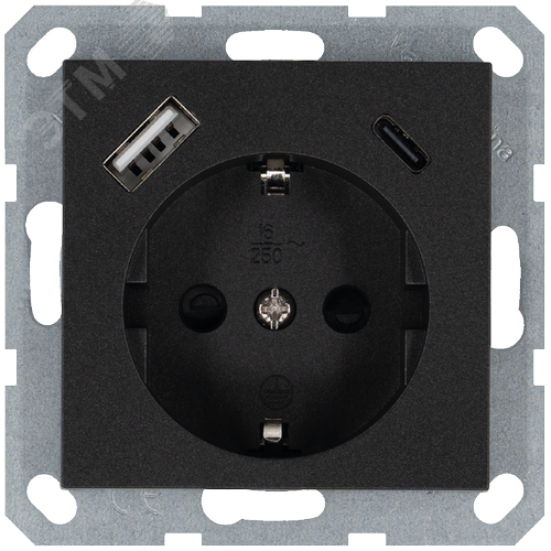 Изображение товара Розетка Schuko с USB A+C с защитными шторками 16A 250V~ 2P+T USB 25W, цвет Антрацит (шт)