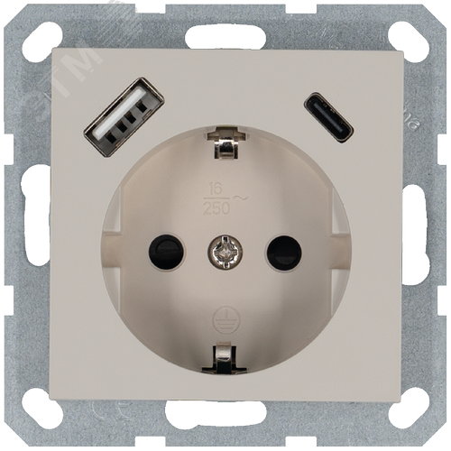 Изображение товара Розетка Schuko с USB A+C с защитными шторками 16A 250V~ 2P+T USB 25W, цвет Тауп (шт)