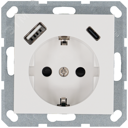 Изображение товара Розетка Schuko с USB A+C с защитными шторками 16A 250V~ 2P+T USB 25W, цвет белый глянцевый (шт)