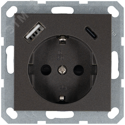 Изображение товара Розетка Schuko с USB A+C с защитными шторками 16A 250V~ 2P+T USB 25W, цвет Мокко (шт)