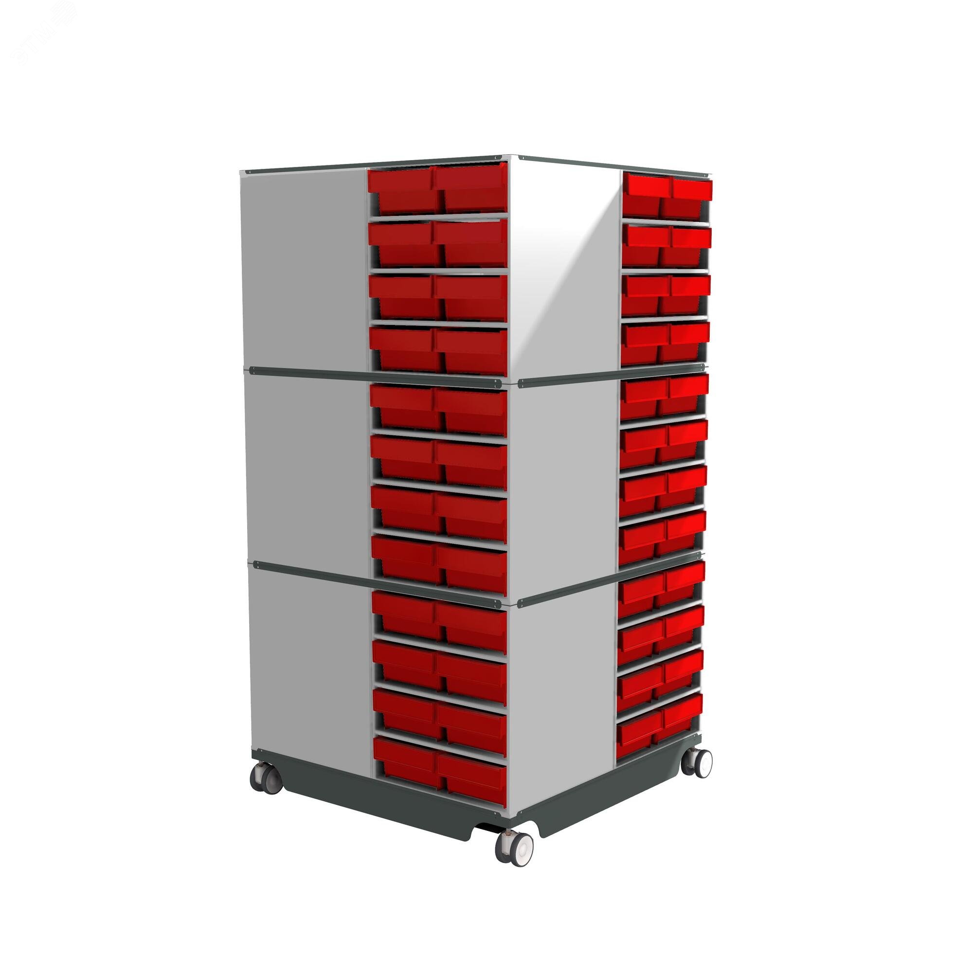 Изображение товара Поворотная кассетница с красными ящиками КП-01 для хранения метизов и комплектующих