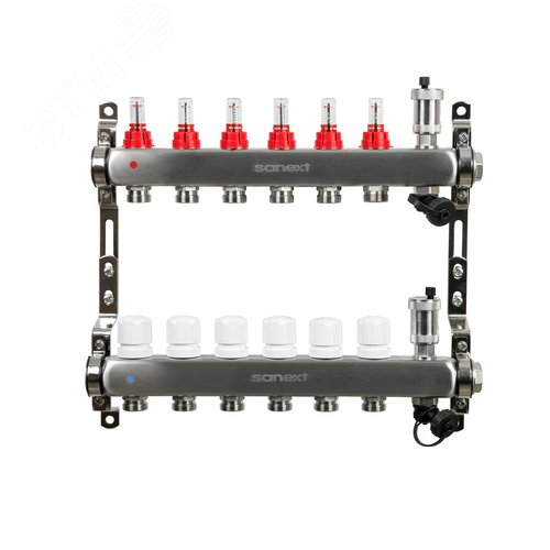 Изображение товара Коллектор тепл. пола с расход, авт. воздх. и дренаж ДУ 25 ВР 1'х 6 конт. НР 3/4' (шт)