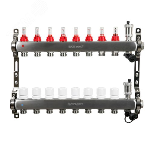 Изображение товара Коллектор тепл. пола с расход, авт. воздх. и дренаж ДУ 25 ВР 1'х 8 конт. НР 3/4' (шт)