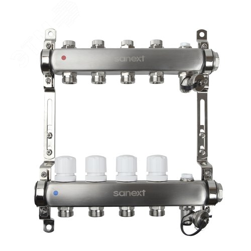 Изображение товара Коллектор с запорными вентелями авт. воздх. и дренаж .ДУ 25 ВР 1'х 4 конт. НР 3/4' (шт)