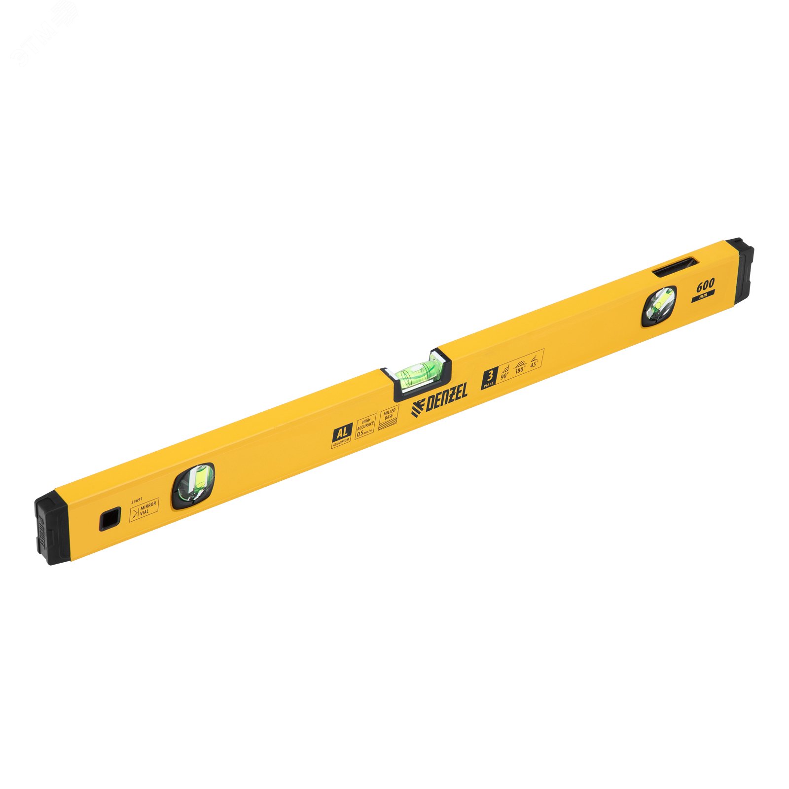 Изображение товара Уровень алюминиевый, магнит., фрезерованный, 3 глазка (1 зеркал.), 0,5 мм/м, 600 мм (шт)